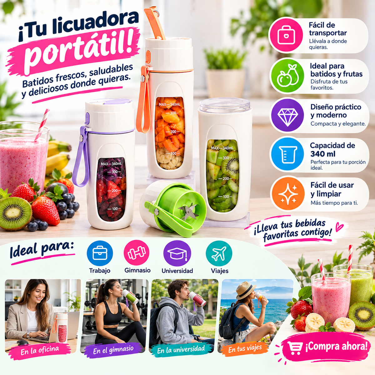 Licuadora Portátil Recargable – Mini Blender USB 500ml