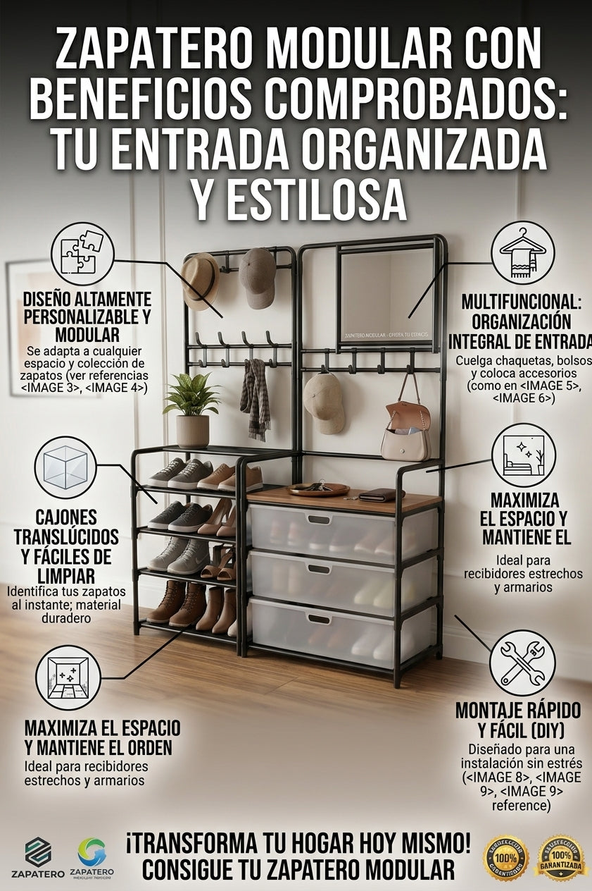 Zapatero Perchero Multifuncional con Cajones y Tapa